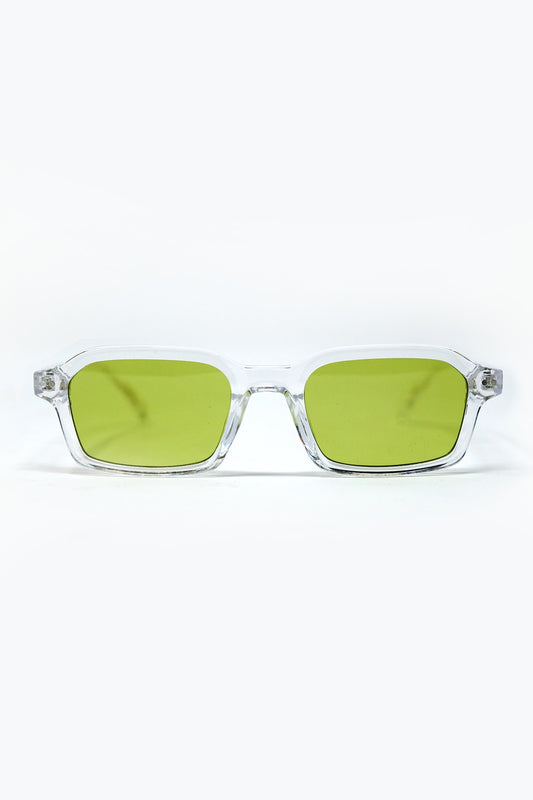 Q2 Rectangular Thick Acetate Clear Frame Sunglasses  With Green Smoke Lense