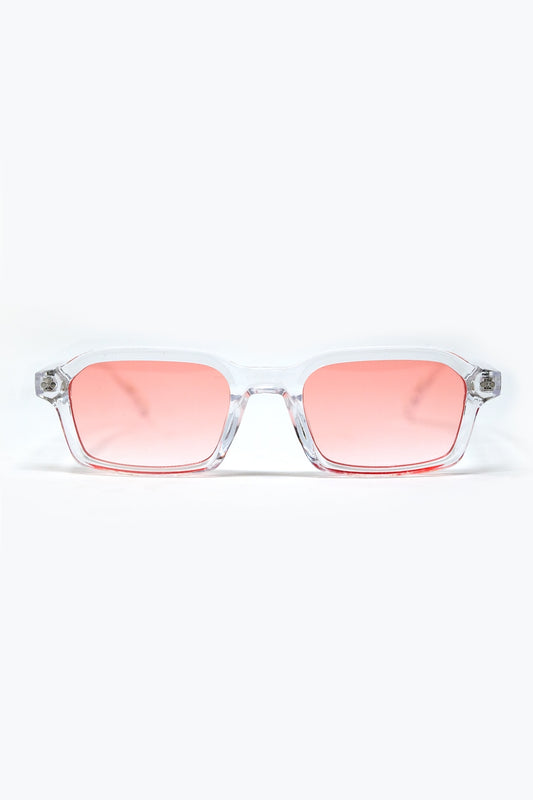 Q2 Rectangular Thick Acetate Clear Frame Sunglasses  With Peach Smoke Lense