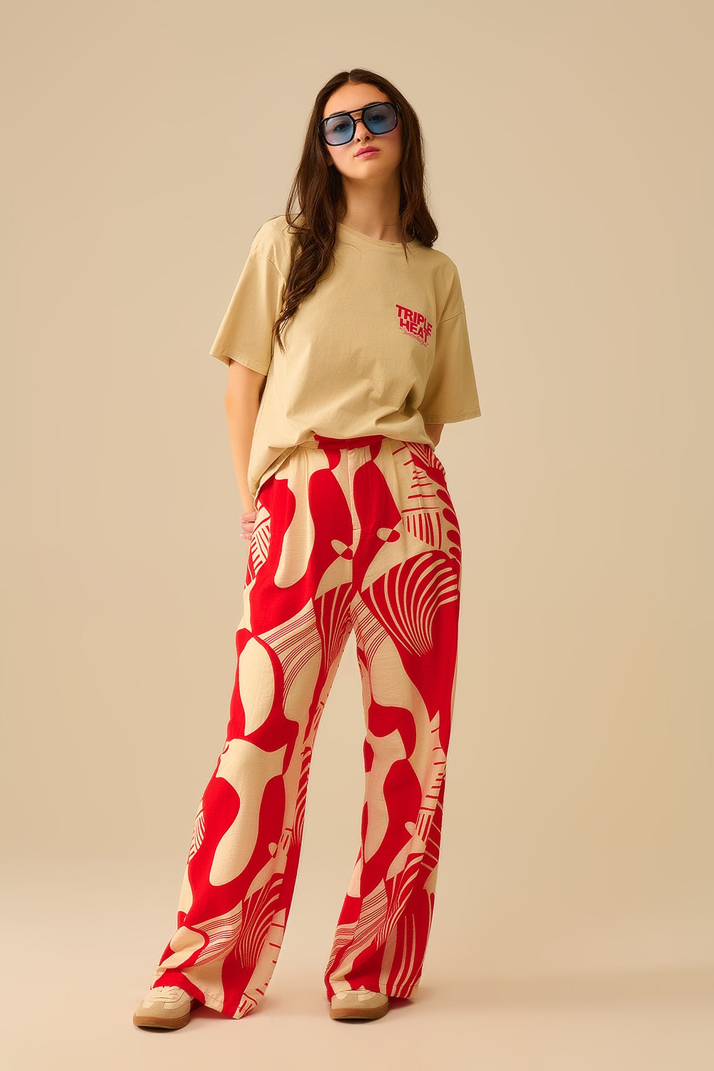 Red abstract print wide-leg trousers