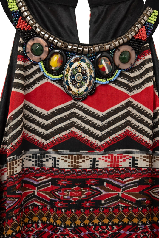 Red Boho Midi Dress with Tribal Print