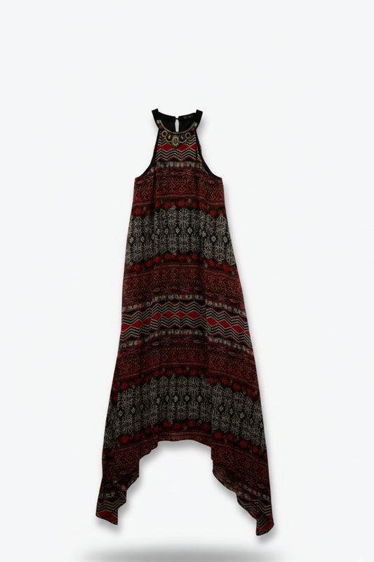Q2 Red Boho Midi Dress with Tribal Print