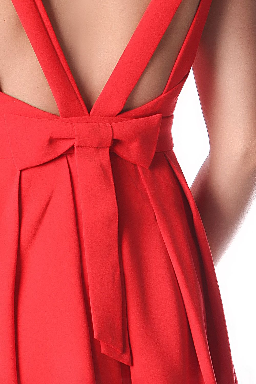 Red midi dress with open strap back and bow detail