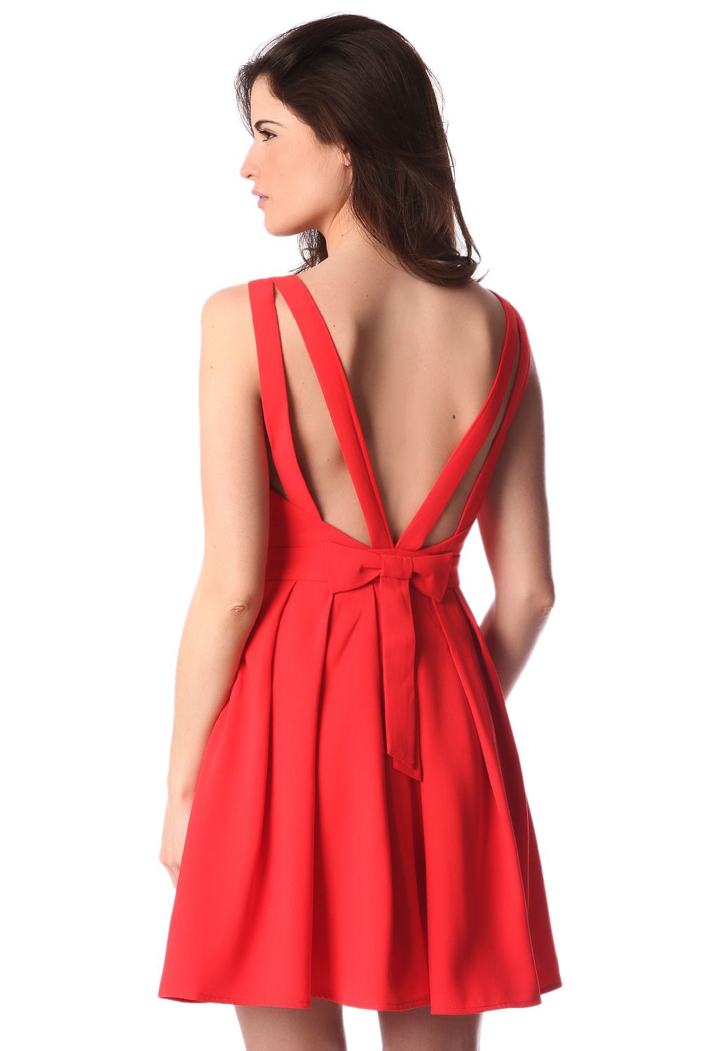 Red midi dress with open strap back and bow detail