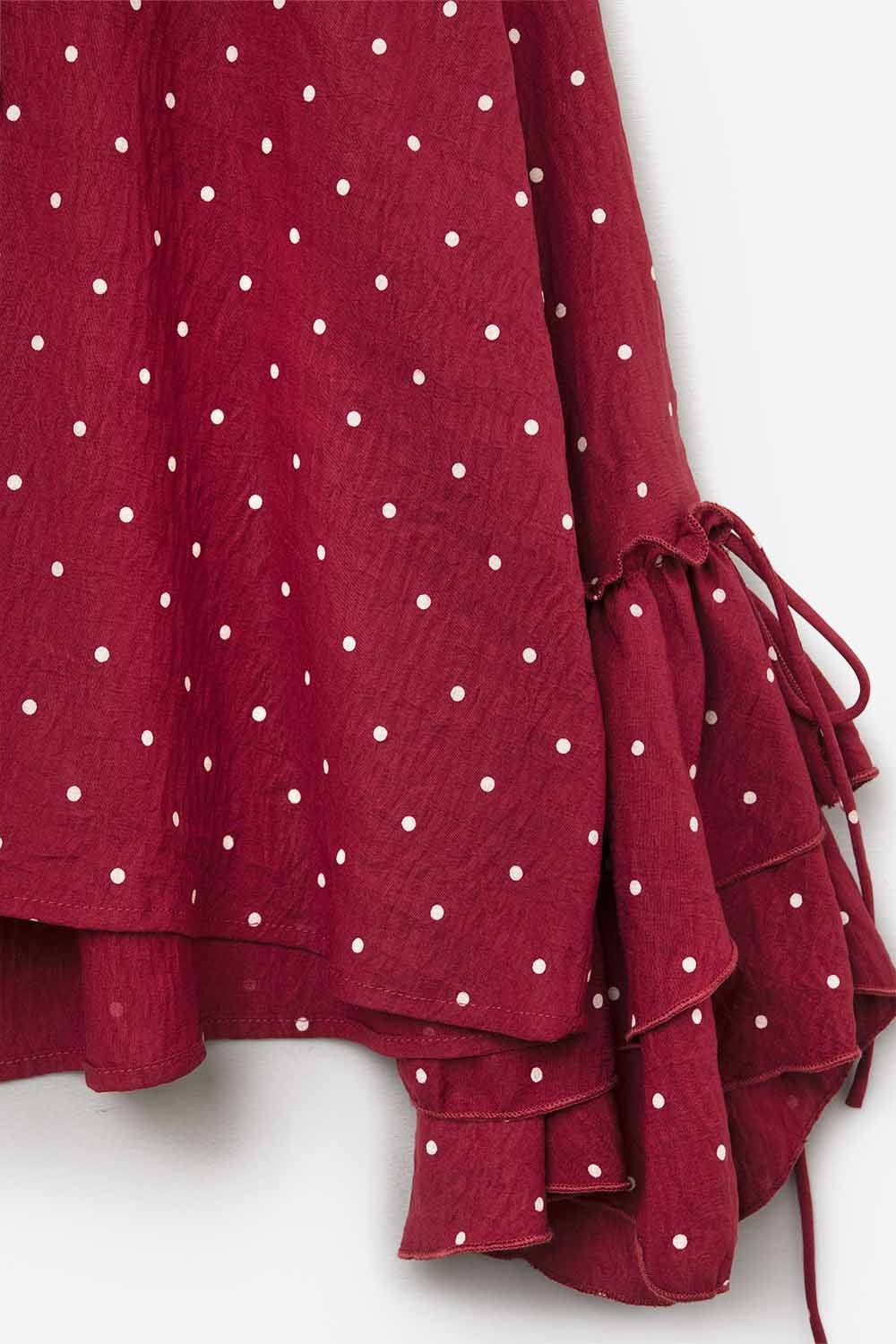 Red Ruffled Polka-Dot Blouse with Flared Sleeves