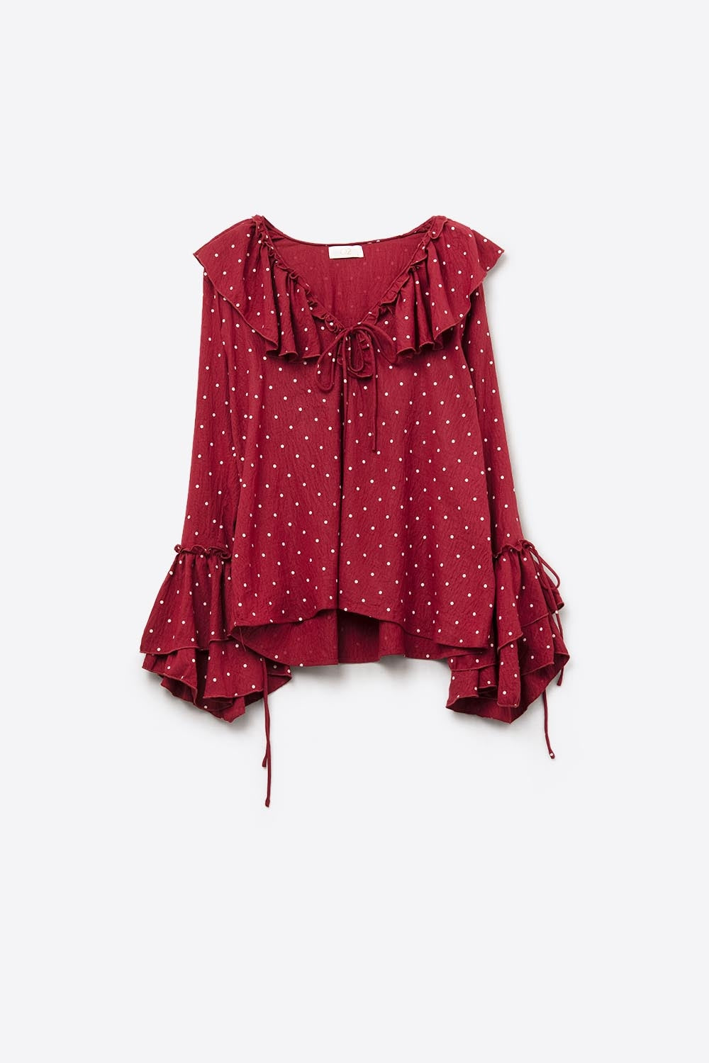 Red Ruffled Polka-Dot Blouse with Flared Sleeves
