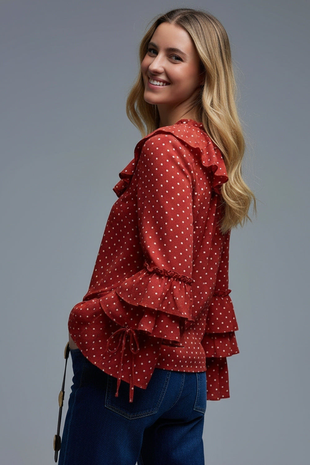 Red Ruffled Polka-Dot Blouse with Flared Sleeves