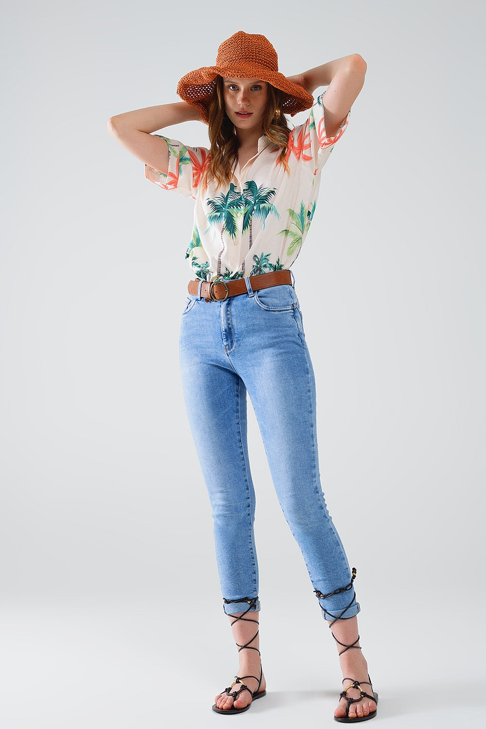 Calças de ganga super skinny de cintura regular com lavagem clara e 5 bolsos