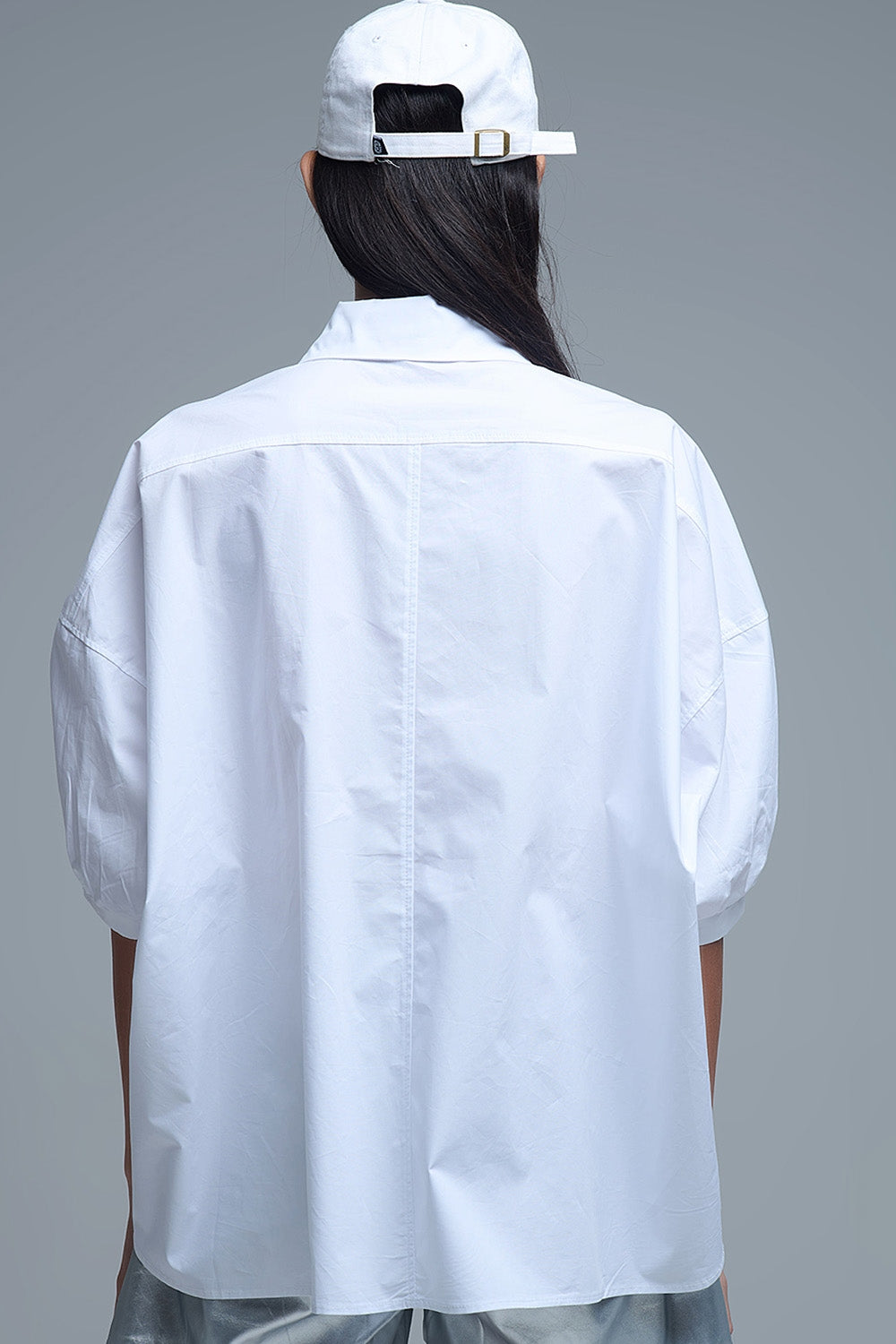 Relaxed 3/4 Sleeve Poplin Shirt With Button Detail in White