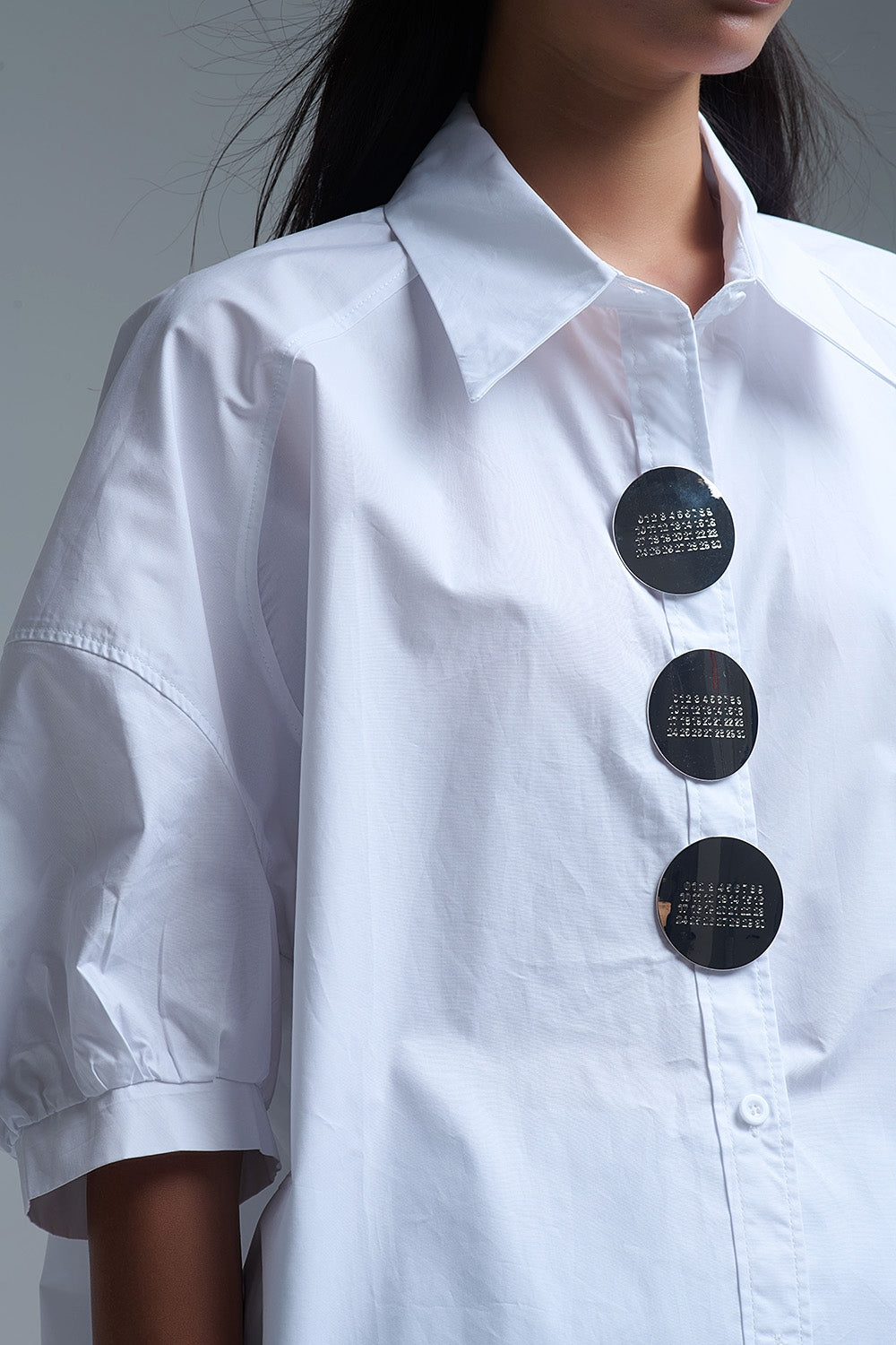 Relaxed 3/4 Sleeve Poplin Shirt With Button Detail in White