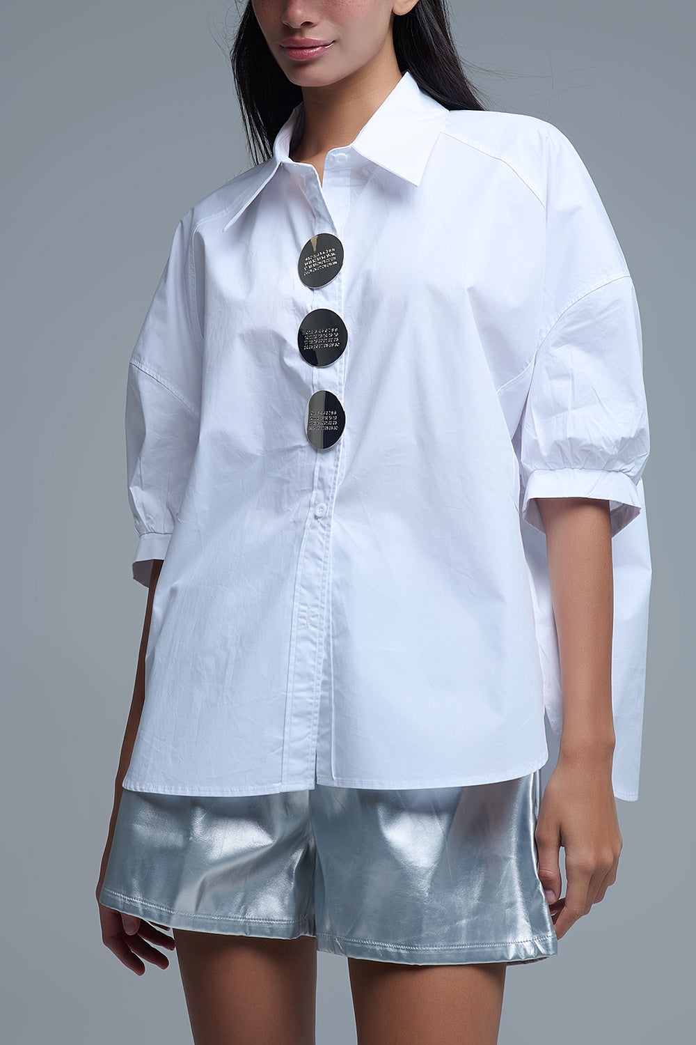 Relaxed 3/4 Sleeve Poplin Shirt With Button Detail in White