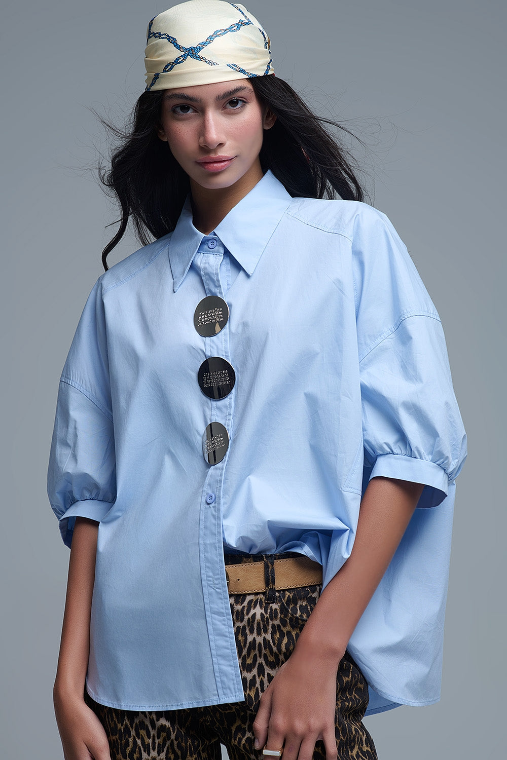 Q2 Relaxed 3/4 Sleeve Poplin Shirt With Button Detail