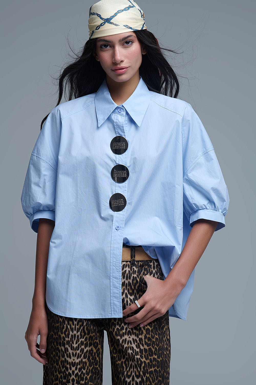 Relaxed 3/4 Sleeve Poplin Shirt With Button Detail