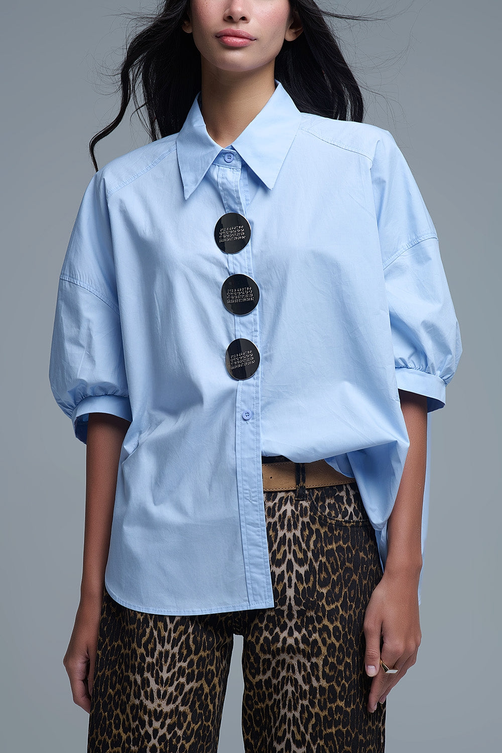 Relaxed 3/4 Sleeve Poplin Shirt With Button Detail
