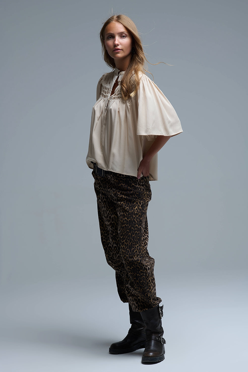 Relaxed Beige boho-style blouse with embroidered details