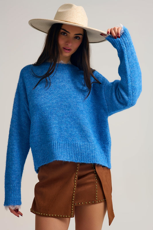 Q2 Relaxed Blue Sweater With Lace Details at Cuffs and Neck