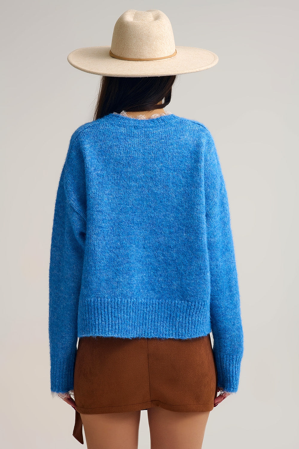 Relaxed Blue Sweater With Lace Details at Cuffs and Neck