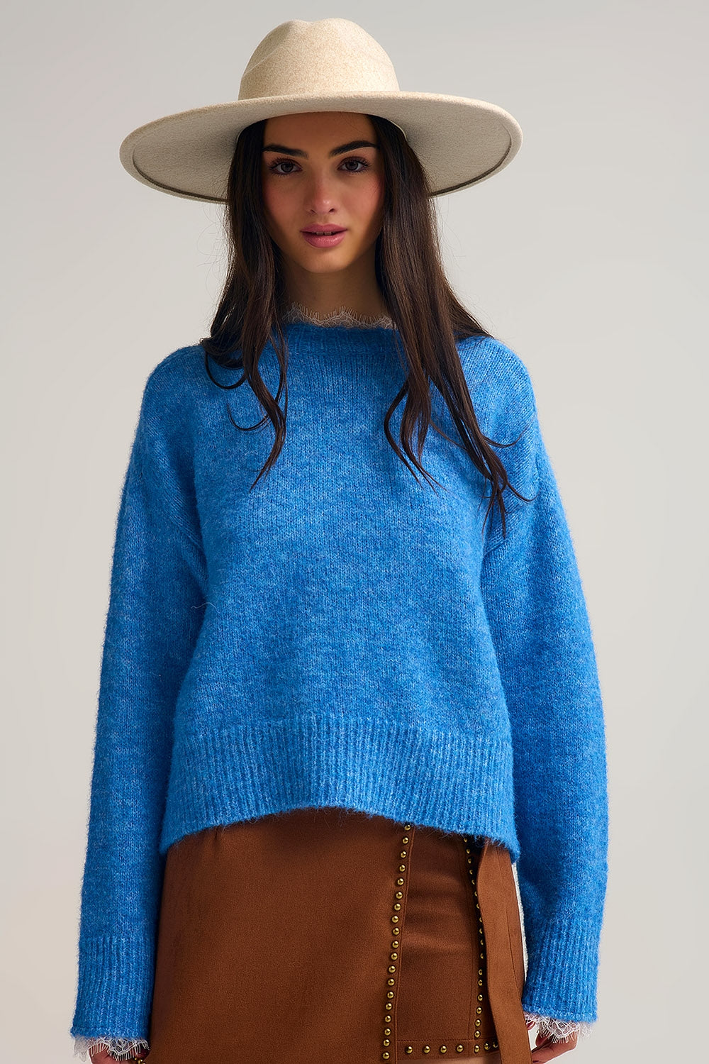 Relaxed Blue Sweater With Lace Details at Cuffs and Neck