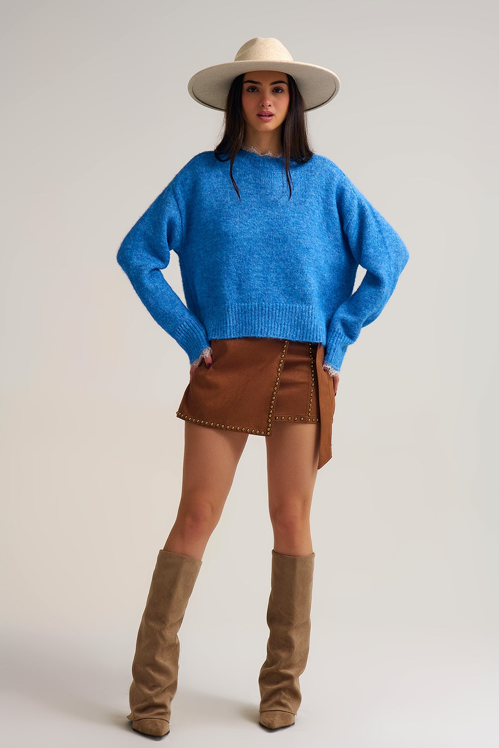 Relaxed Blue Sweater With Lace Details at Cuffs and Neck