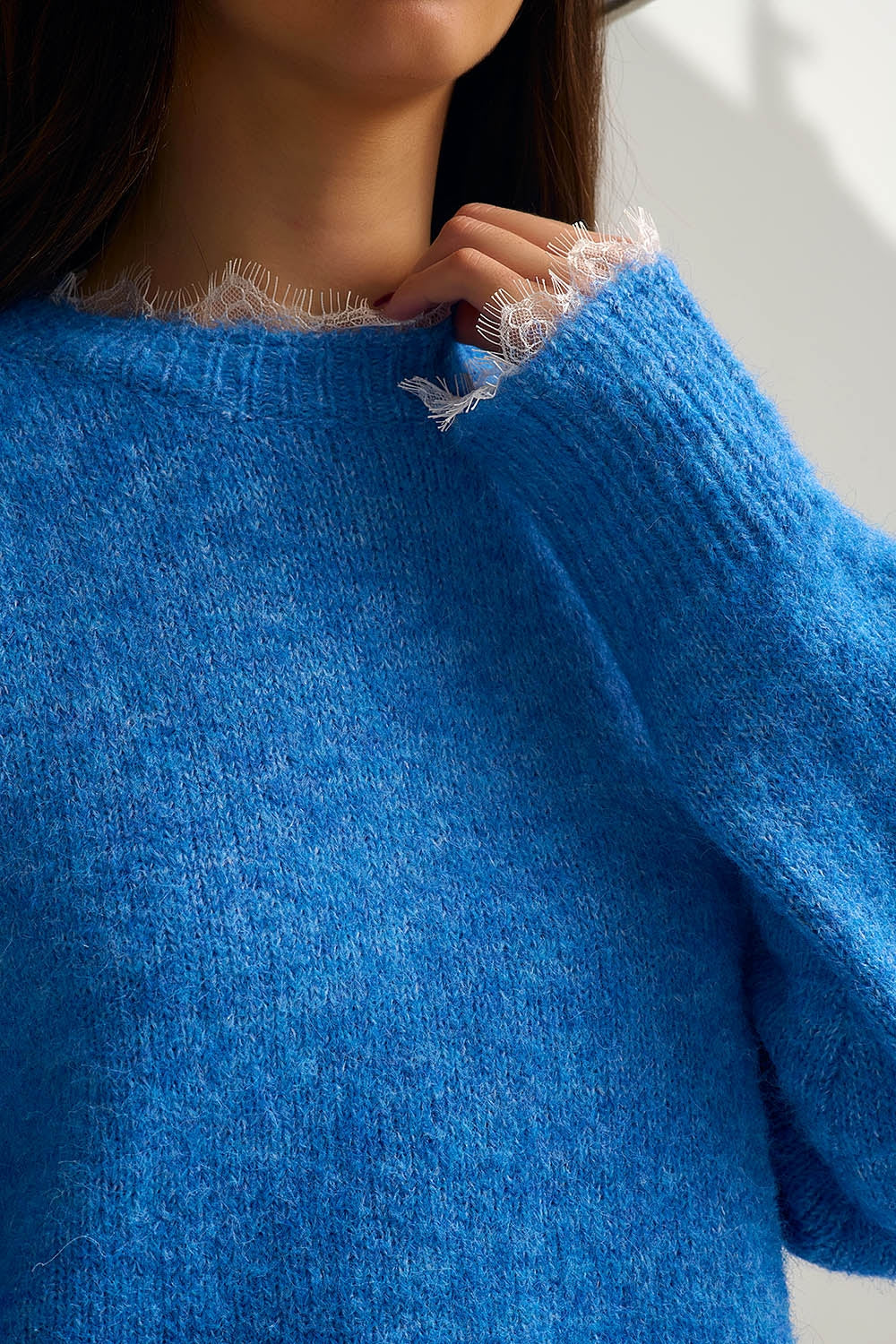 Relaxed Blue Sweater With Lace Details at Cuffs and Neck