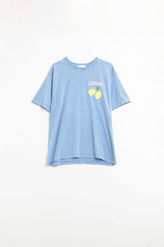 Q2 relaxed blue t-shirt with lemon print