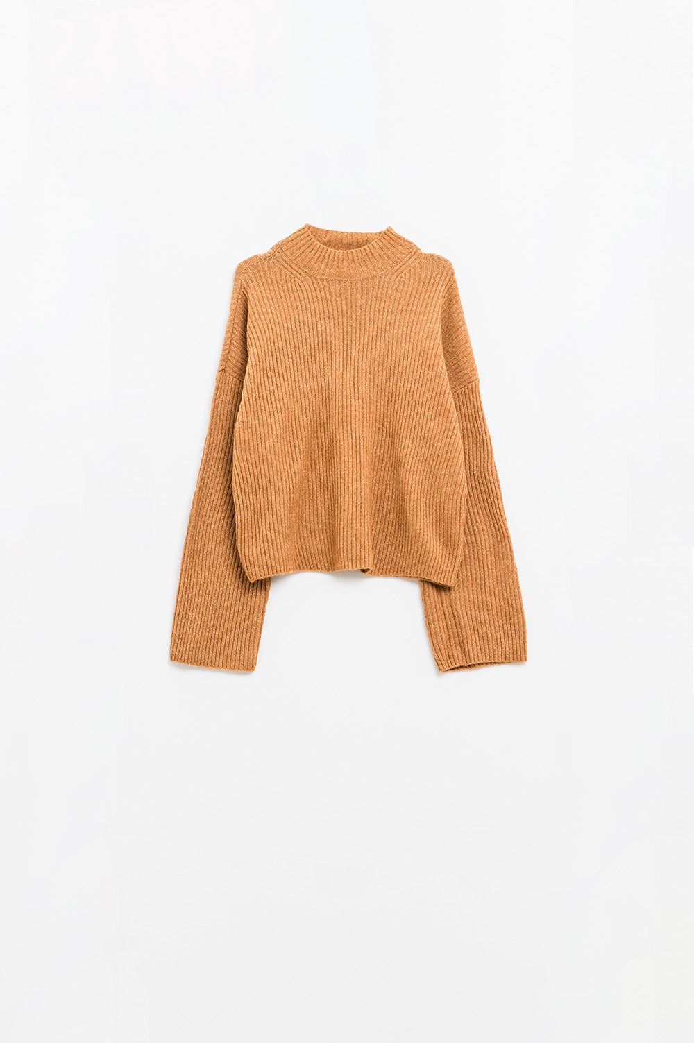 relaxed camel ribbed high neck sweater