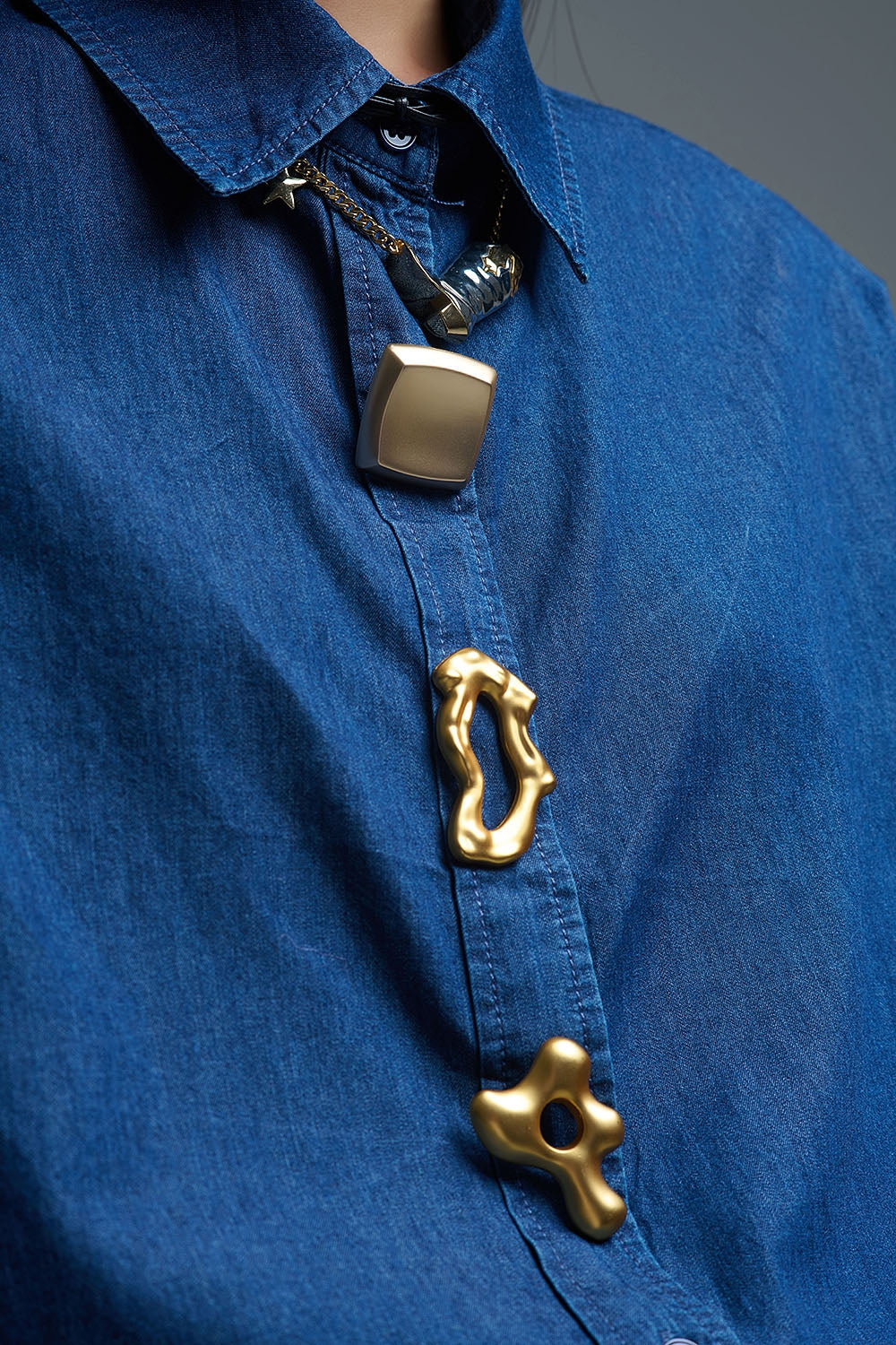 Relaxed Denim Shirt With Gold Abstract Buttons