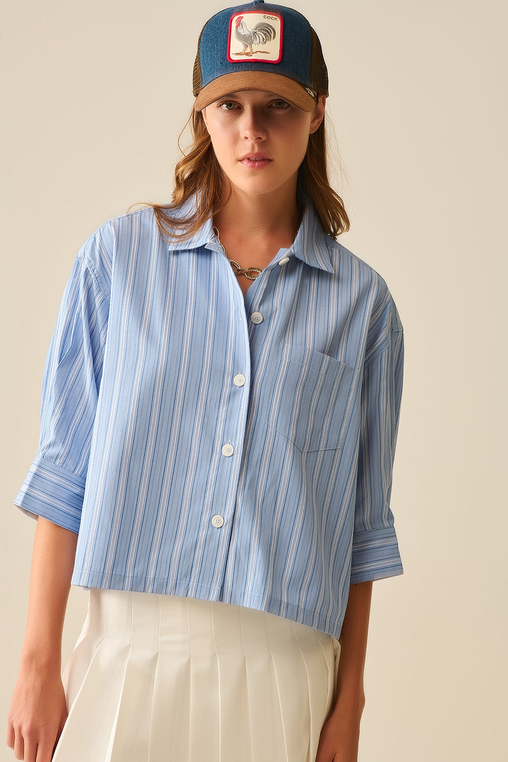 Relaxed fit Cropped Striped Shirt in Blue