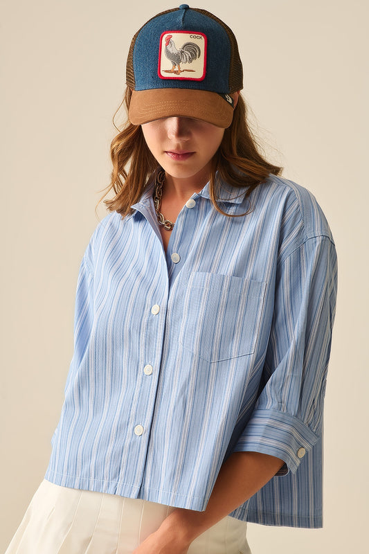 Q2 Relaxed fit Cropped Striped Shirt in Blue