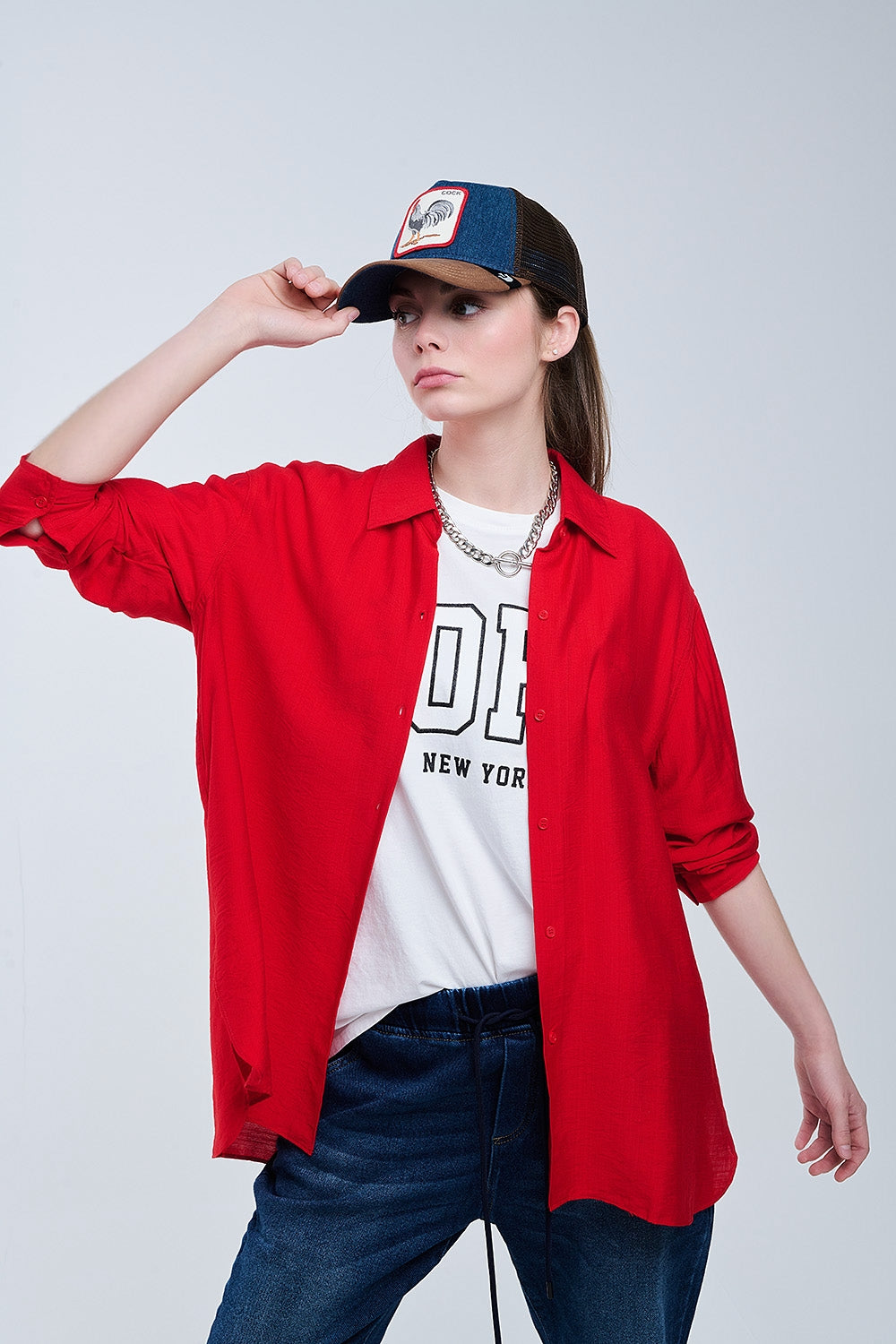 relaxed fit Red Shirt 3/4 Sleeves and High Low Hem