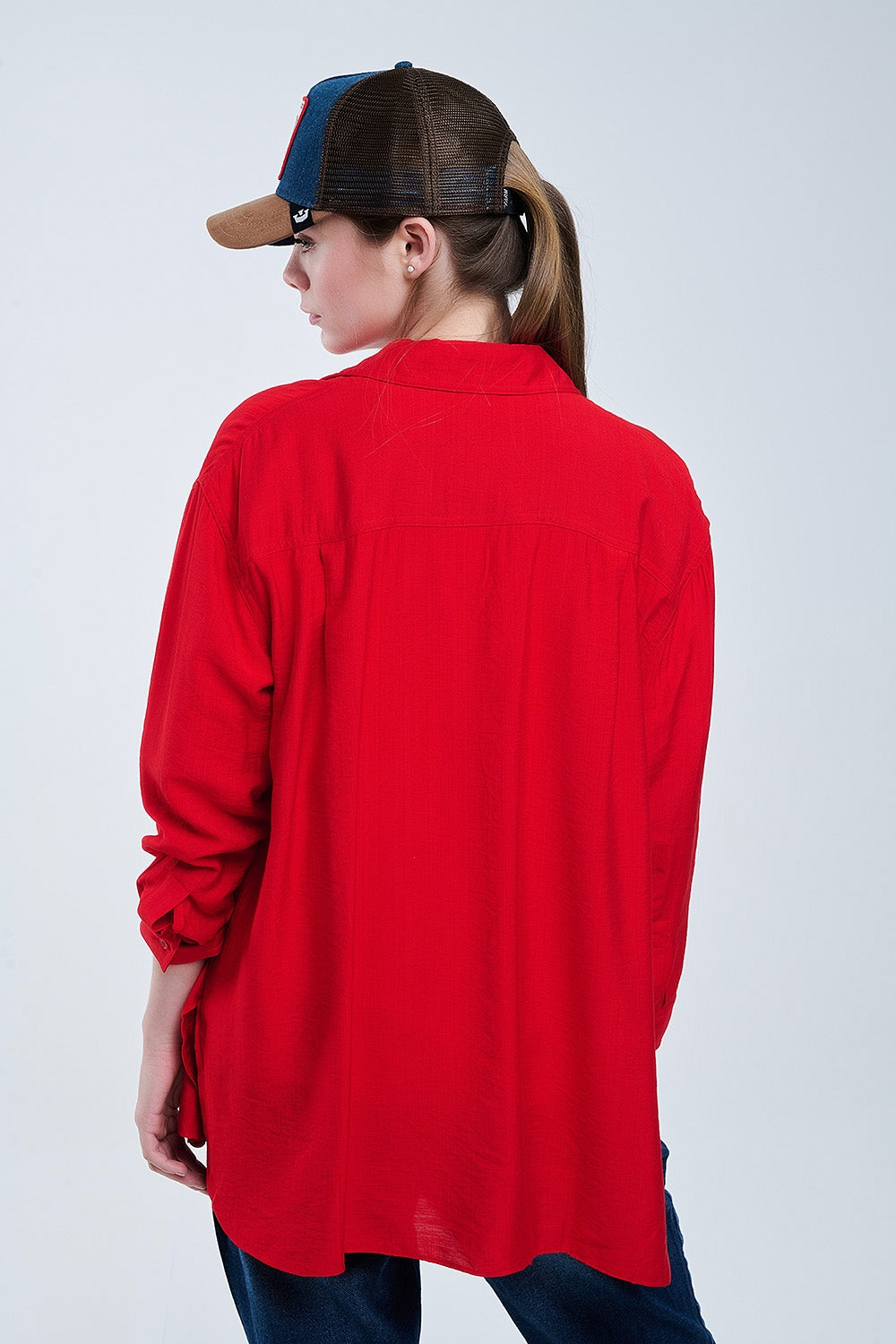 relaxed fit Red Shirt 3/4 Sleeves and High Low Hem