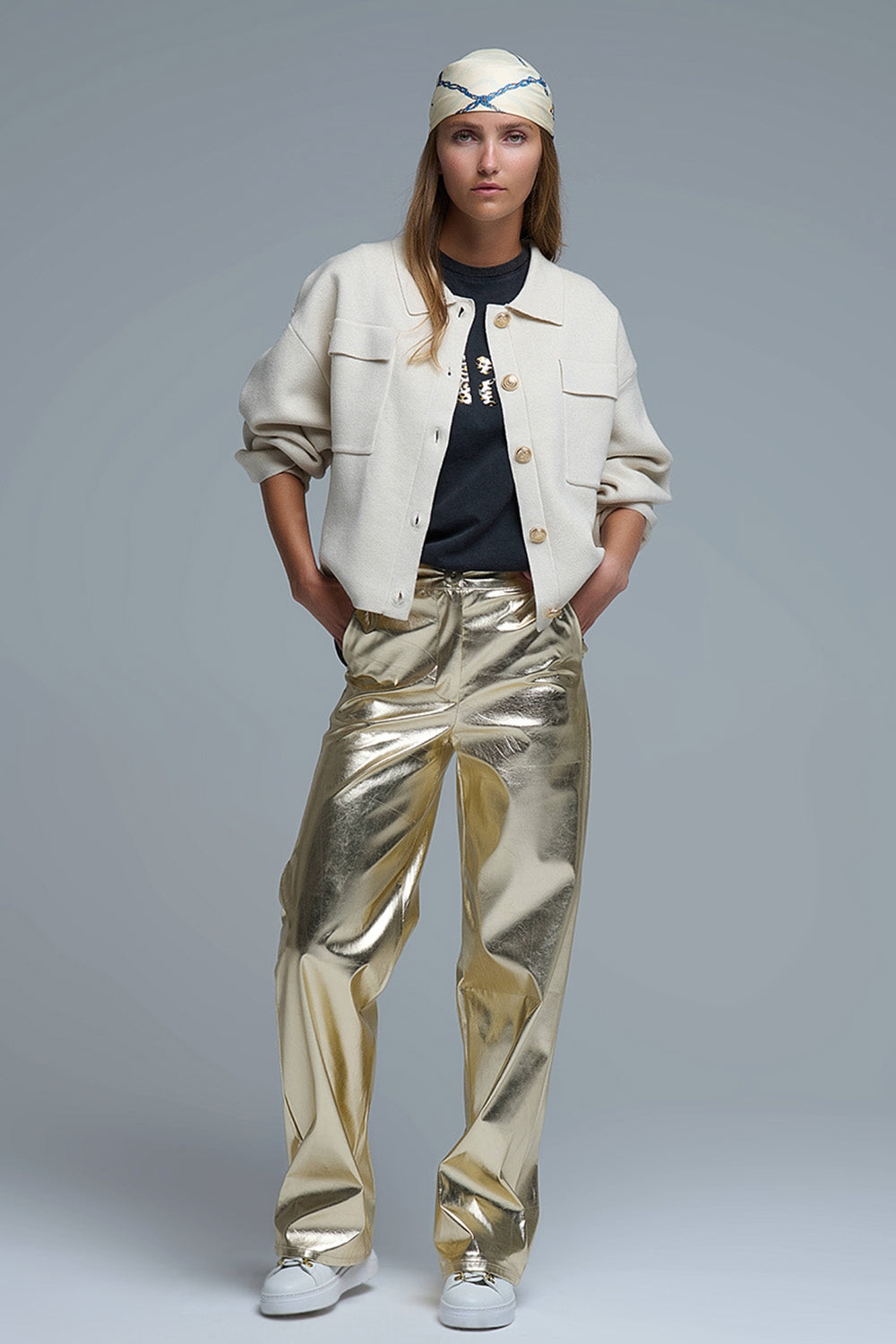 Relaxed Formal Knitted Cardigan With Chest Pockets in Beige