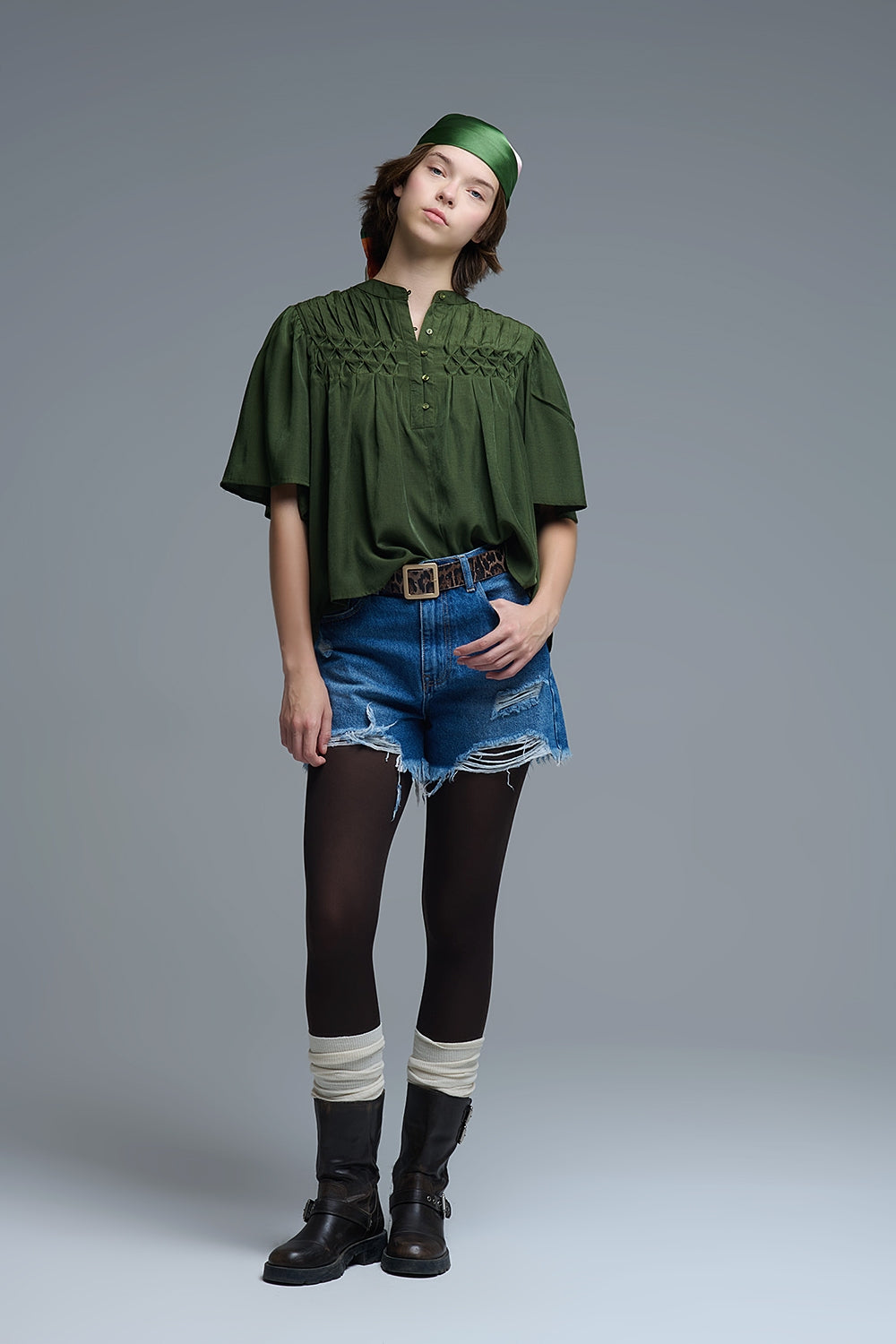 Relaxed Green boho-style blouse with embroidered details