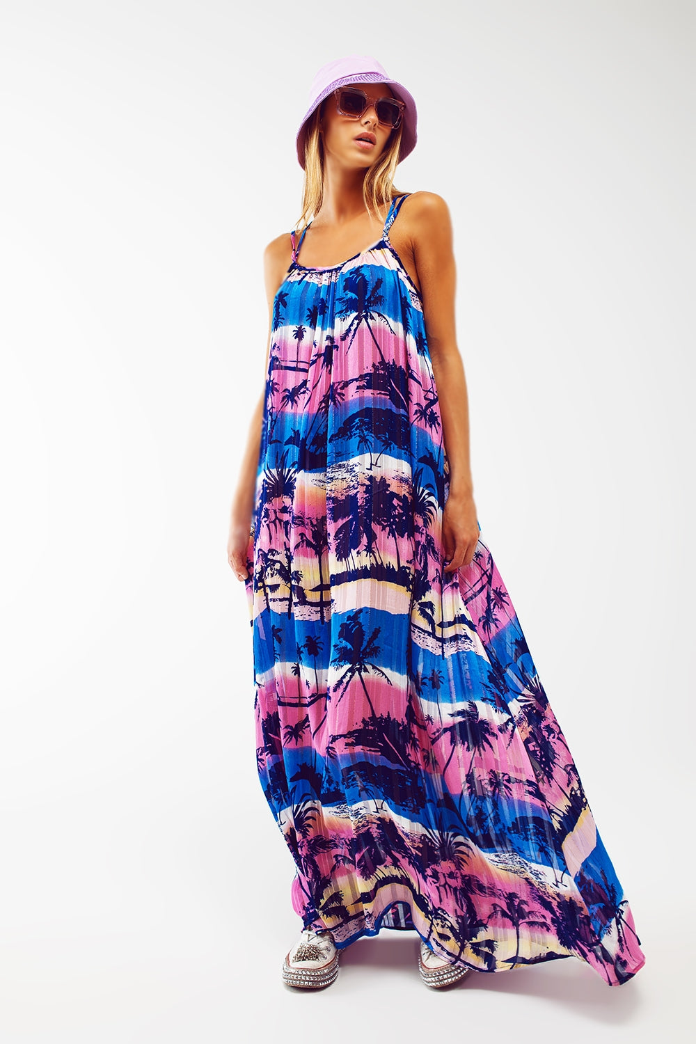 Relaxed Open Back Maxi Dress In Tropical Blue Print