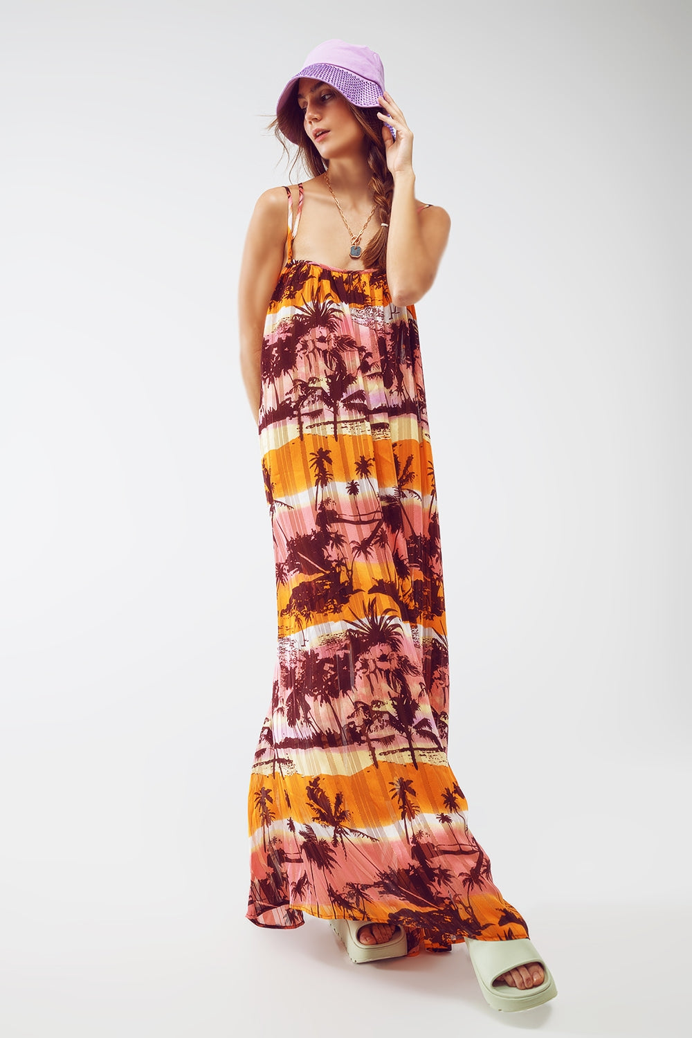 Relaxed Open Back Maxi Dress In Tropical Pink Print