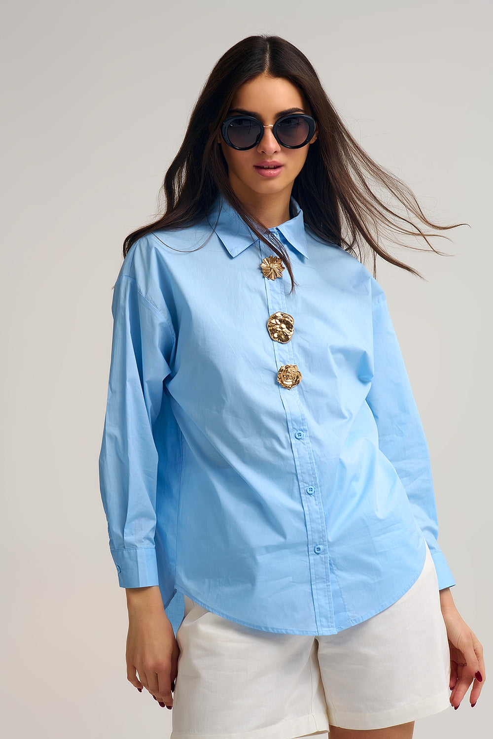 Q2 relaxed poplin Cotton Shirt in blue with Decorative Gold Buttons
