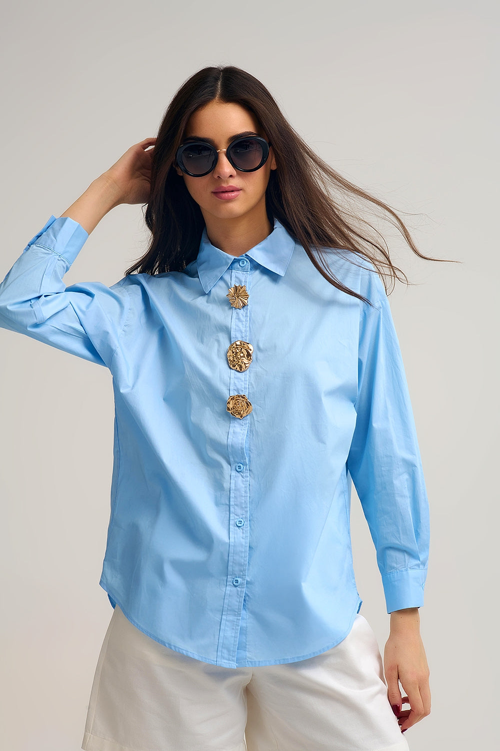 relaxed poplin Cotton Shirt in blue with Decorative Gold Buttons