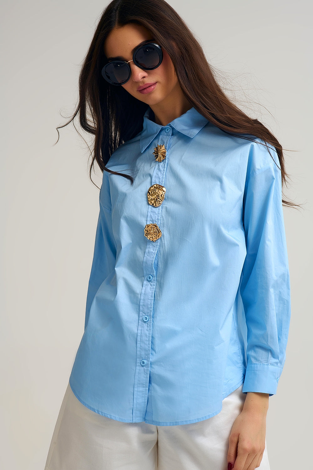 relaxed poplin Cotton Shirt in blue with Decorative Gold Buttons