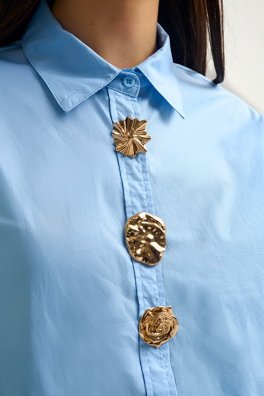relaxed poplin Cotton Shirt in blue with Decorative Gold Buttons