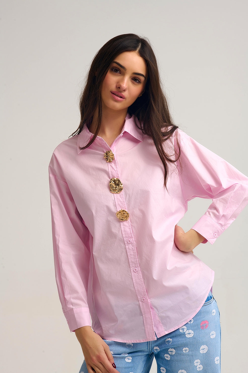 relaxed poplin Cotton Shirt in pink with Gold Buttons