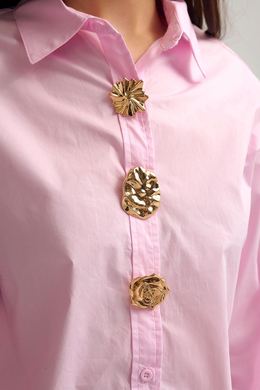 relaxed poplin Cotton Shirt in pink with Gold Buttons
