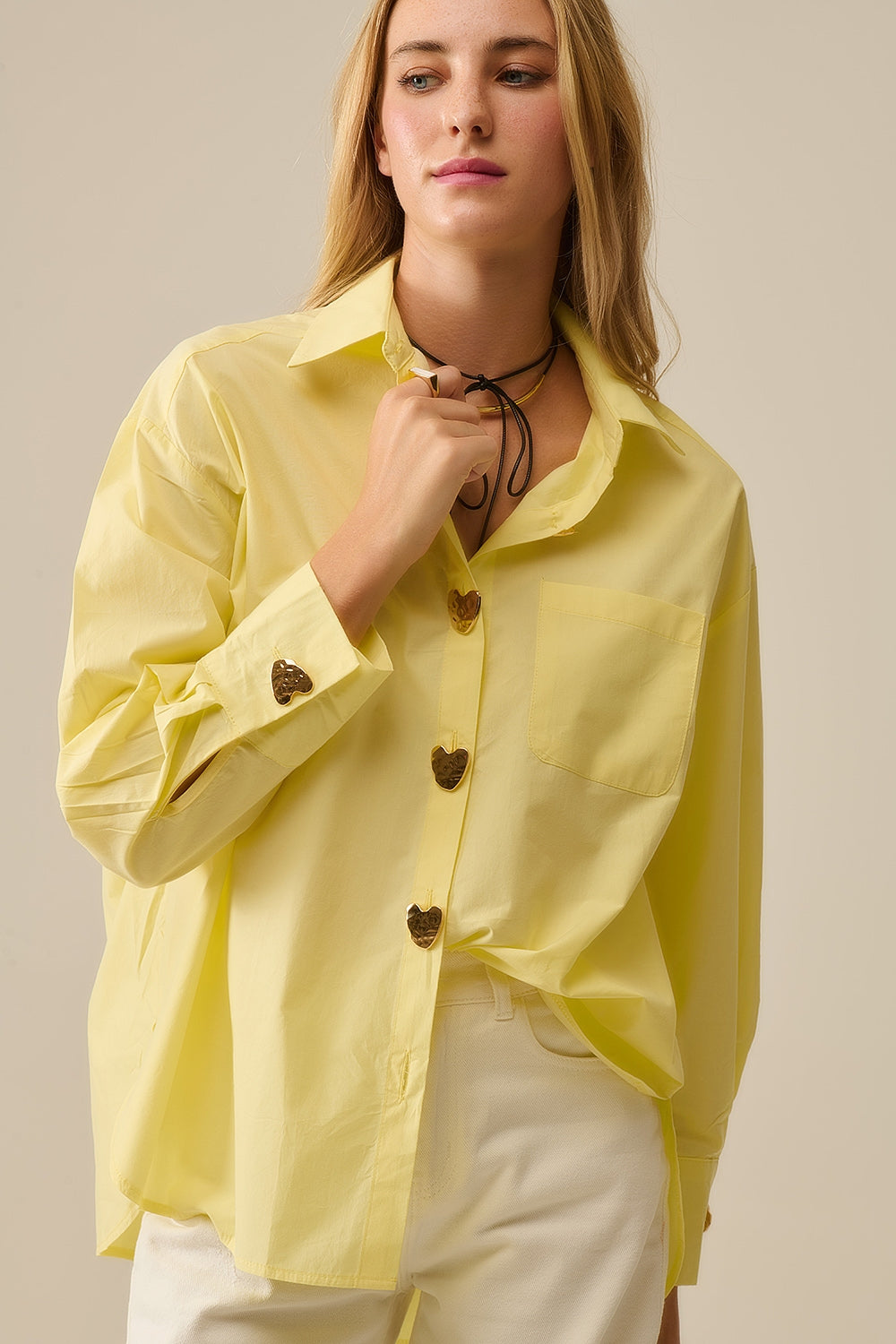 Q2 Relaxed Poplin Shirt With Gold Heart Buttons in yellow