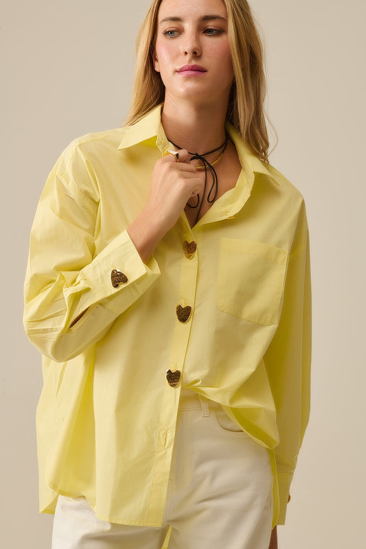 Q2 Relaxed Poplin Shirt With Gold Heart Buttons in yellow