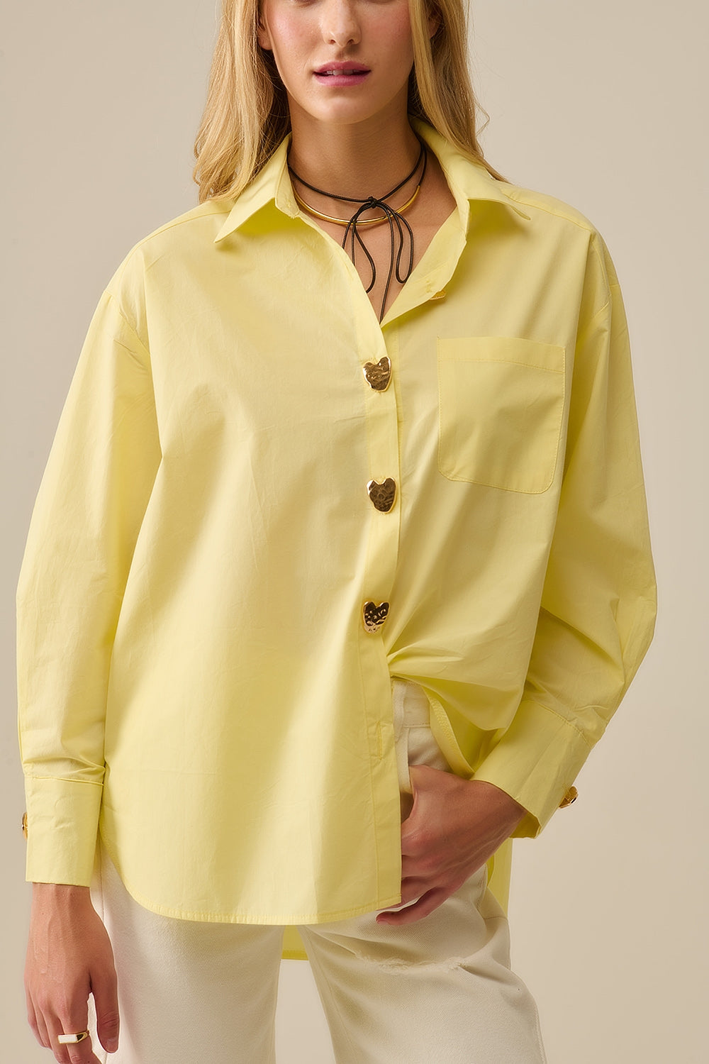 Relaxed Poplin Shirt With Gold Heart Buttons in yellow
