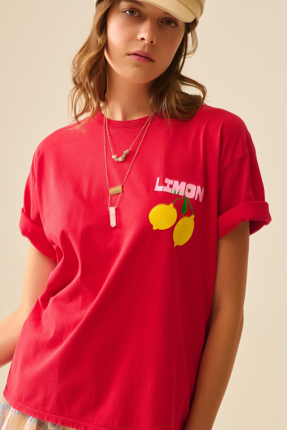 relaxed red t-shirt with lemon print made in Italy