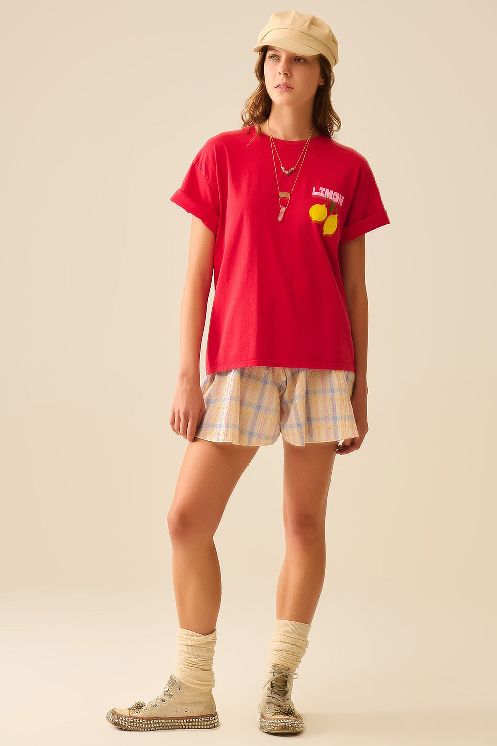 relaxed red t-shirt with lemon print made in Italy