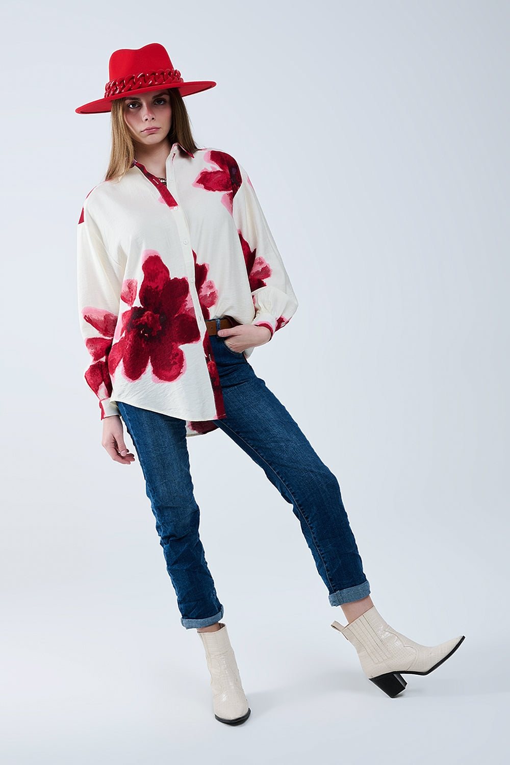 Relaxed Shirt in Beige With Red Tropical Flower Print in Red