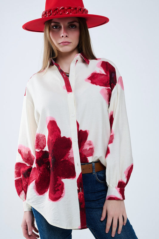 Q2 Relaxed Shirt in Beige With Red Tropical Flower Print in Red