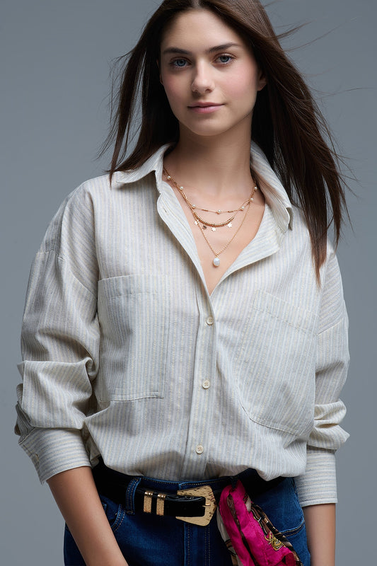 Q2 Relaxed Stripe Shirt With Oversized Chest Pockets