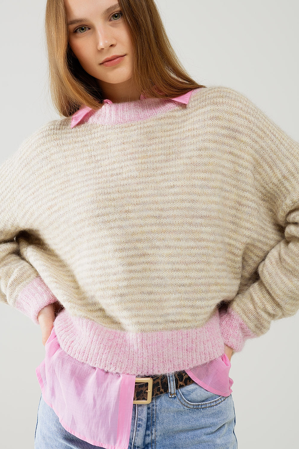Q2 Relaxed Stripey Sweater in Beige With Pink Details