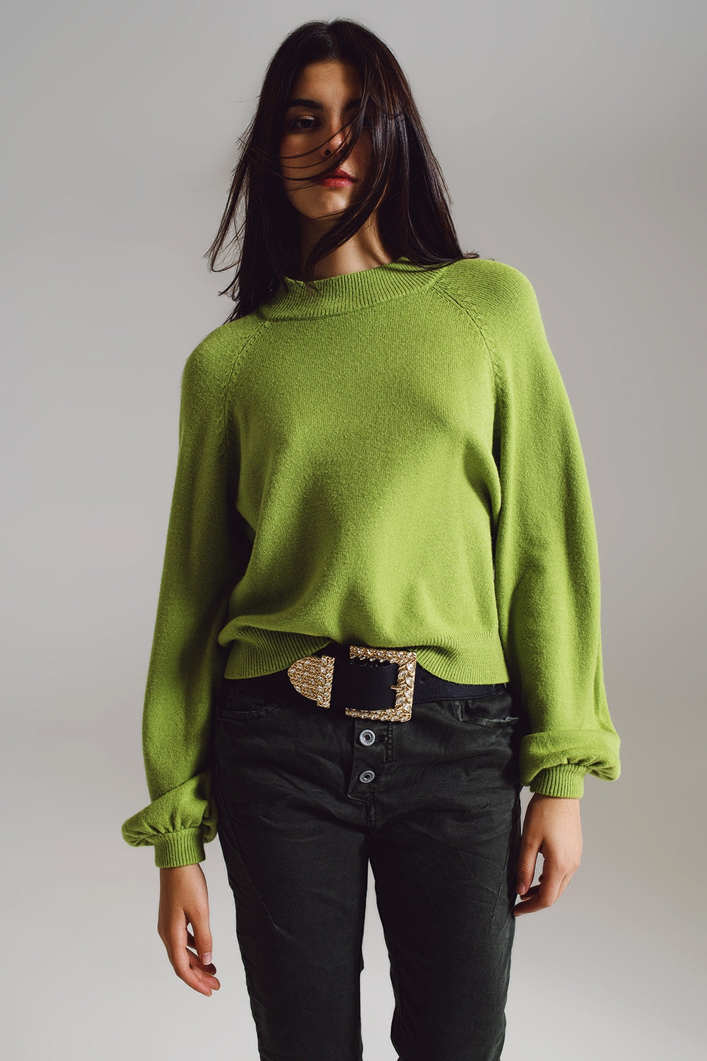 relaxed style green jumper with balloon sleeves